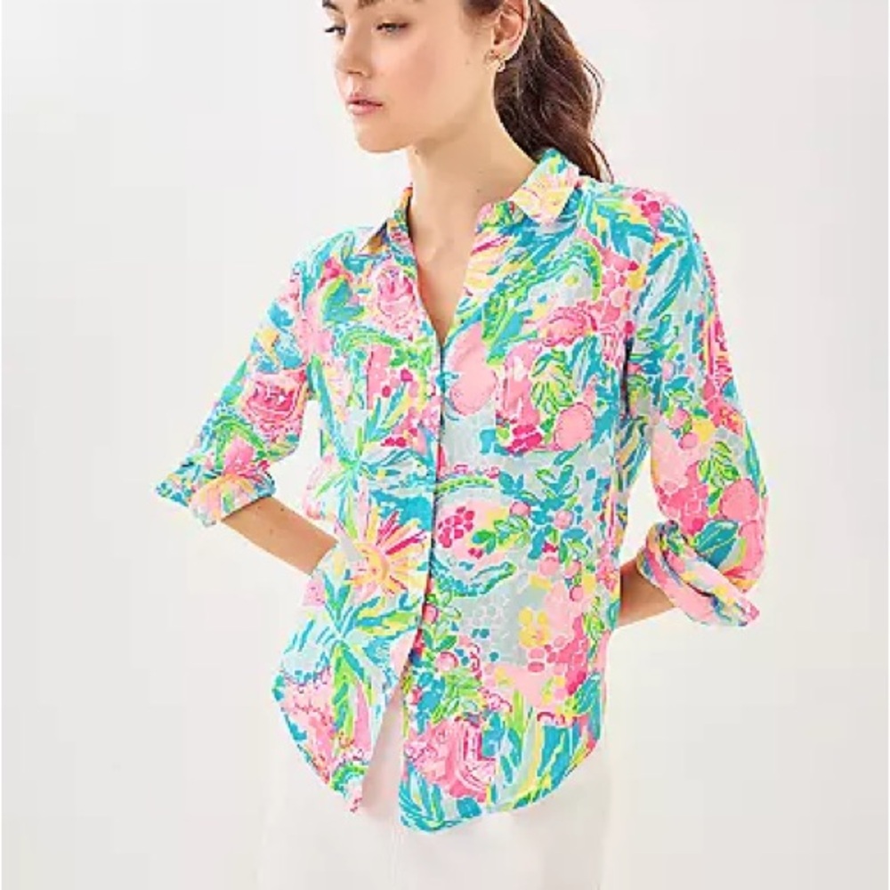 Lilly Pulitzer Vibrant Floral Button-Down in Pink, Aqua & Yellow